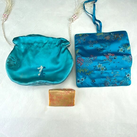 Vintage Lot of 3 Silk Satin Asian Embroidered Accessory Bags - Picture 2 of 10